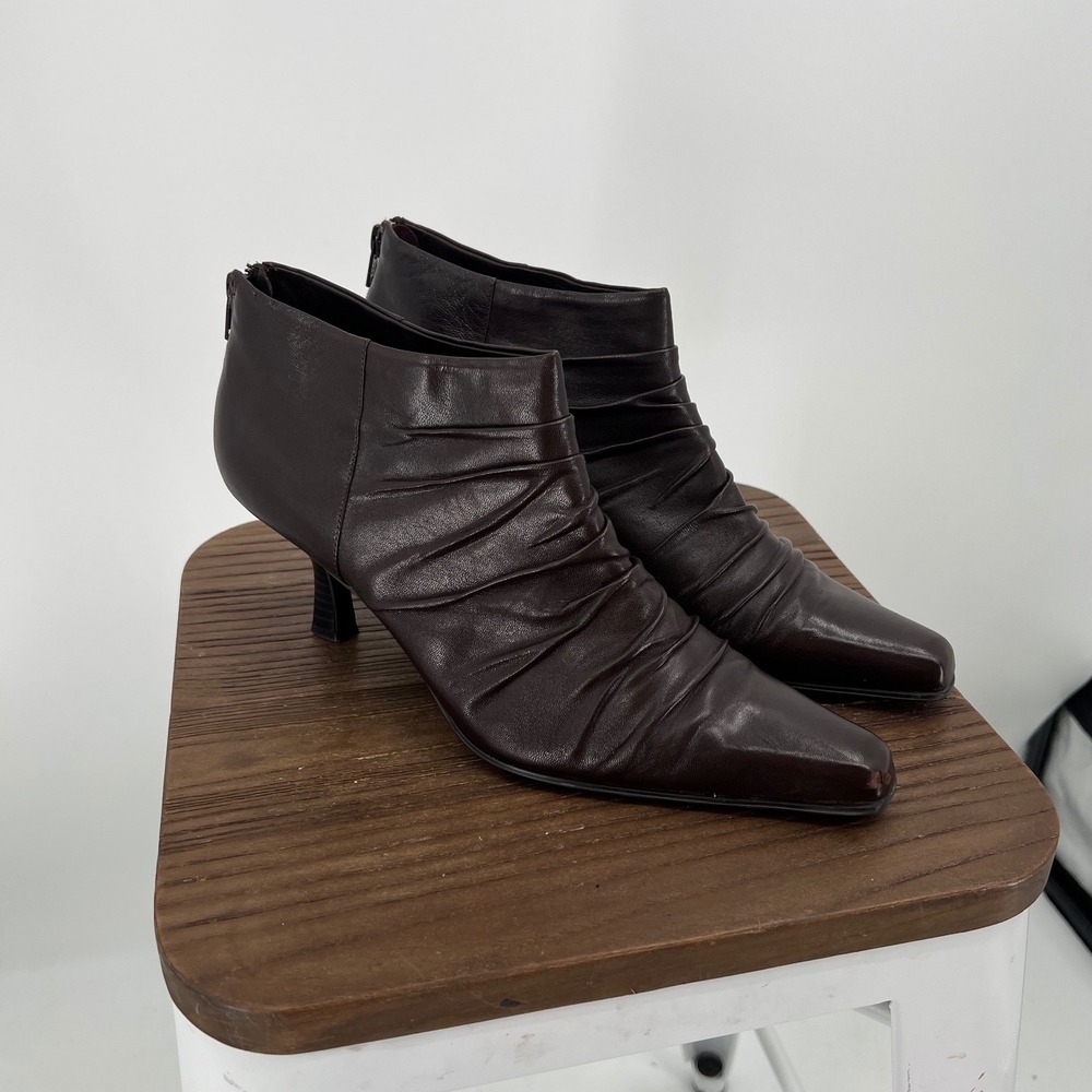Ann Marino Brown Leather Ruched Ankle Boots Square Toe Kitten Heel Y2K Size 10M